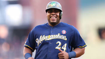 ATLANTA, GA - MAY 18: Jesus Aguilar #24 of the Milwaukee Brewers runs to third base in the first inning during the game against the Atlanta Braves at SunTrust Park on May 18, 2019 in Atlanta, Georgia. (Photo by Carmen Mandato/Getty Images)