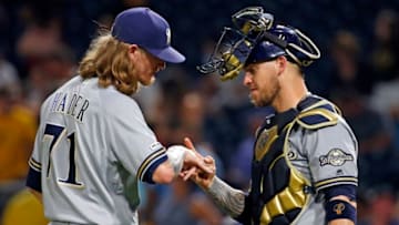PITTSBURGH, PA - AUGUST 05: Josh Hader #71 and Yasmani Grandal #10 of the Milwaukee Brewers celebrate after defeating the Pittsburgh Pirates at PNC Park on August 5, 2019 in Pittsburgh, Pennsylvania. (Photo by Justin K. Aller/Getty Images)