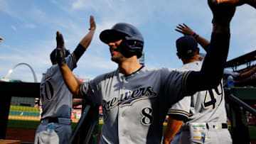 ST LOUIS, MO - SEPTEMBER 15: Ryan Braun #8 of the Milwaukee Brewers celebrates after hitting a grand slam against the St. Louis Cardinals in the eighth inning at Busch Stadium on September 15, 2019 in St Louis, Missouri. (Photo by Dilip Vishwanat/Getty Images)