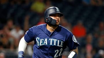 PITTSBURGH, PA - SEPTEMBER 17: Omar Narvaez #22 of the Seattle Mariners hits a solo home run in the sixth inning against the Pittsburgh Pirates during inter-league play at PNC Park on September 17, 2019 in Pittsburgh, Pennsylvania. (Photo by Justin K. Aller/Getty Images)