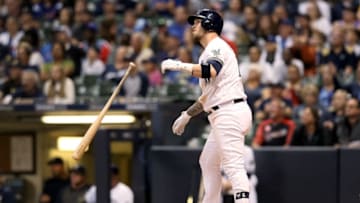MILWAUKEE, WISCONSIN - SEPTEMBER 05: Yasmani Grandal #10 of the Milwaukee Brewers hits a home run in the fifth inning against the Chicago Cubs at Miller Park on September 05, 2019 in Milwaukee, Wisconsin. (Photo by Dylan Buell/Getty Images)