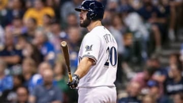 MILWAUKEE, WISCONSIN - SEPTEMBER 05: David Freitas #20 of the Milwaukee Brewers looks on in the fourth inning against the Chicago Cubs at Miller Park on September 05, 2019 in Milwaukee, Wisconsin. (Photo by Dylan Buell/Getty Images)