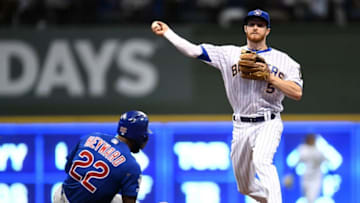 MILWAUKEE, WISCONSIN - SEPTEMBER 06: Jason Heyward #22 of the Chicago Cubs is forced out at second base as Cory Spangenberg #5 of the Milwaukee Brewers makes a throw to first base during the eighth inning at Miller Park on September 06, 2019 in Milwaukee, Wisconsin. (Photo by Stacy Revere/Getty Images)