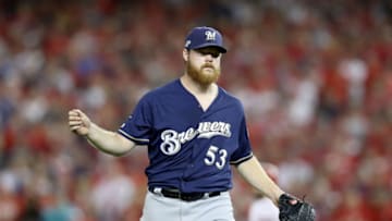 WASHINGTON, DC - OCTOBER 01: Brandon Woodruff #53 of the Milwaukee Brewers reacts after closing out the third inning against the Washington Nationals in the National League Wild Card game at Nationals Park on October 01, 2019 in Washington, DC. (Photo by Rob Carr/Getty Images)