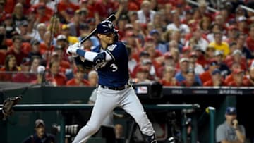 WASHINGTON, DC - OCTOBER 01: Orlando Arcia #3 of the Milwaukee Brewers at bat against the Washington Nationals during the National League Wild Card game at Nationals Park on October 1, 2019 in Washington, DC. (Photo by Will Newton/Getty Images)