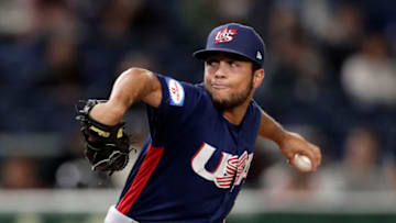 TOKYO, JAPAN - NOVEMBER 17: Pitcher Clayton Andrews #3 throws in the bottom of 7th inning during the WBSC Premier 12 Bronze Medal final game between Mexico and USA at the Tokyo Dome on November 17, 2019 in Tokyo, Japan. (Photo by Kiyoshi Ota/Getty Images)