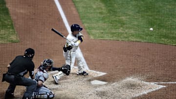 MILWAUKEE, WISCONSIN - AUGUST 12: Keston Hiura #18 of the Milwaukee Brewers at bat during a game against the Minnesota Twins at Miller Park on August 12, 2020 in Milwaukee, Wisconsin. The Twins defeated the Brewers 12-2. (Photo by Stacy Revere/Getty Images)