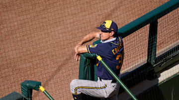 CHICAGO, ILLINOIS - AUGUST 16: Manager Craig Counsell #30 of the Milwaukee Brewers stands in the dugout during the seventh inning of a game against the Chicago Cubs at Wrigley Field on August 16, 2020 in Chicago, Illinois. (Photo by Nuccio DiNuzzo/Getty Images)