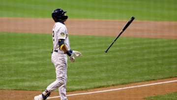 MILWAUKEE, WISCONSIN - SEPTEMBER 14: Christian Yelich #22 of the Milwaukee Brewers reacts after striking out in the first inning against the St. Louis Cardinals during game two of a doubleheader at Miller Park on September 14, 2020 in Milwaukee, Wisconsin. (Photo by Dylan Buell/Getty Images)
