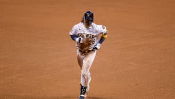 MILWAUKEE, WISCONSIN - SEPTEMBER 16: Jacob Nottingham #26 of the Milwaukee Brewers rounds the bases after hitting a home run in the sixth inning against the St. Louis Cardinals during game two of a doubleheader at Miller Park on September 16, 2020 in Milwaukee, Wisconsin. (Photo by Dylan Buell/Getty Images)