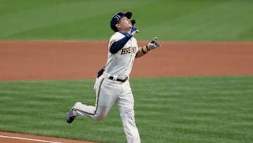 MILWAUKEE, WISCONSIN - SEPTEMBER 16: Keston Hiura #18 of the Milwaukee Brewers rounds the bases after hitting a home run in the first inning against the St. Louis Cardinals during game one of a doubleheader at Miller Park on September 16, 2020 in Milwaukee, Wisconsin. (Photo by Dylan Buell/Getty Images)