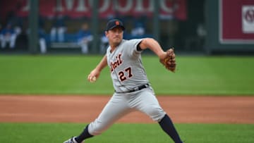 KANSAS CITY, MISSOURI - SEPTEMBER 27: Starting pitcher Jordan Zimmermann #27 of the Detroit Tigers throws in the first inning against the Kansas City Royals at Kauffman Stadium on September 26, 2020 in Kansas City, Missouri. (Photo by Ed Zurga/Getty Images)