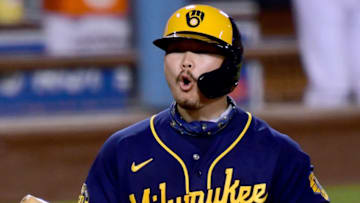 LOS ANGELES, CALIFORNIA - SEPTEMBER 30: Keston Hiura #18 of the Milwaukee Brewers reacts to a strike three call during the fourth inning against the Los Angeles Dodgers in game one of the National League Wild Card Series at Dodger Stadium on September 30, 2020 in Los Angeles, California. (Photo by Harry How/Getty Images)