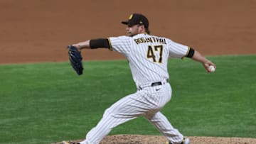 ARLINGTON, TEXAS - OCTOBER 08: Trevor Rosenthal #47 of the San Diego Padres pitches during the ninth inning against the Los Angeles Dodgers in Game Three of the National League Division Series at Globe Life Field on October 08, 2020 in Arlington, Texas. (Photo by Tom Pennington/Getty Images)