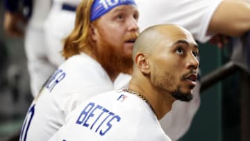 ARLINGTON, TEXAS - OCTOBER 21: Mookie Betts #50 of the Los Angeles Dodgers reacts during the sixth inning against the Tampa Bay Rays in Game Two of the 2020 MLB World Series at Globe Life Field on October 21, 2020 in Arlington, Texas. (Photo by Rob Carr/Getty Images)