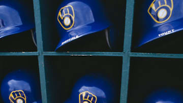A general view of the helmet storage rack for the Milwaukee Brewers batters during the Major League Baseball American League West game against the Oakland Athletics on 14th May 1989 at the Oakland-Alameda County Coliseum in Oakland, California, United States. (Photo by Otto Greule Jr/Allsport/Getty Images)
