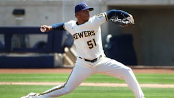 PHOENIX, ARIZONA - MARCH 21: Freddy Peralta #51 of the Milwaukee Brewers pitches in the second inning against the Seattle Mariners during the MLB spring training game at American Family Fields of Phoenix on March 21, 2021 in Phoenix, Arizona. (Photo by Abbie Parr/Getty Images)