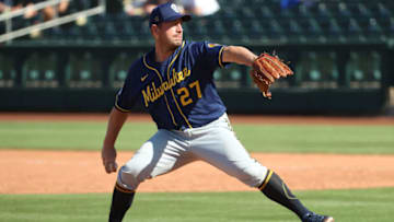 SURPRISE, ARIZONA - MARCH 27: Jordan Zimmermann #27 of the Milwaukee Brewers pitches in the sixth inning against the Kansas City Royals during the MLB spring training game at Surprise Stadium on March 27, 2021 in Surprise, Arizona. (Photo by Abbie Parr/Getty Images)