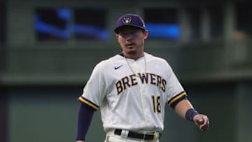 MILWAUKEE, WISCONSIN - APRIL 01: Keston Hiura #18 of the Milwaukee Brewers participates in warmups prior to a game against the Minnesota Twins on Opening Day at American Family Field on April 01, 2021 in Milwaukee, Wisconsin. The Brewers defeated the Twins 6-5. (Photo by Stacy Revere/Getty Images)