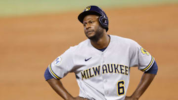 MIAMI, FLORIDA - MAY 08: Lorenzo Cain #6 of the Milwaukee Brewers in action against the Miami Marlins at loanDepot park on May 08, 2021 in Miami, Florida. (Photo by Michael Reaves/Getty Images)