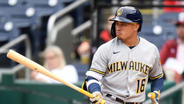 WASHINGTON, DC - MAY 30: Kolten Wong #16 of the Milwaukee Brewers at bat against the Washington Nationals at Nationals Park on May 30, 2021 in Washington, DC. (Photo by Will Newton/Getty Images)