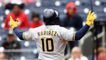WASHINGTON, DC - MAY 30: Omar Narvaez #10 of the Milwaukee Brewers celebrates after hitting a home run against the Washington Nationals at Nationals Park on May 30, 2021 in Washington, DC. (Photo by Will Newton/Getty Images)