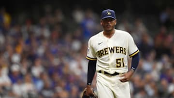 MILWAUKEE, WISCONSIN - JUNE 28: Freddy Peralta #51 of the Milwaukee Brewers reacts after throwing out Eric Sogard #4 of the Chicago Cubs , at first base in the sixth inning at American Family Field on June 28, 2021 in Milwaukee, Wisconsin. (Photo by Patrick McDermott/Getty Images)