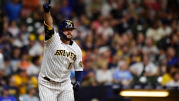 MILWAUKEE, WISCONSIN - AUGUST 06: Rowdy Tellez #11 of the Milwaukee Brewers celebrates after hitting a walk-off single in the tenth inning against the San Francisco Giants at American Family Field on August 06, 2021 in Milwaukee, Wisconsin. The Brewers defeated the Giants 2-1. (Photo by Patrick McDermott/Getty Images)