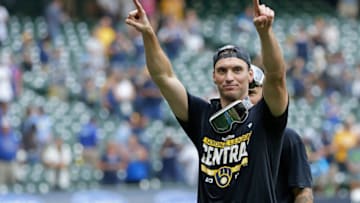 MILWAUKEE, WISCONSIN - SEPTEMBER 26: Brent Suter #35 of the Milwaukee Brewers celebrates winning the Central Division title after the game against the New York Mets at American Family Field on September 26, 2021 in Milwaukee, Wisconsin. Brewers defeated the Mets 8-4. (Photo by John Fisher/Getty Images)