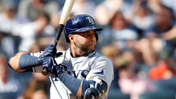 NEW YORK, NEW YORK - OCTOBER 02: Nelson Cruz #23 of the Tampa Bay Rays in action against the New York Yankees at Yankee Stadium on October 02, 2021 in New York City. The Rays defeated the Yankees 12-2. (Photo by Jim McIsaac/Getty Images)