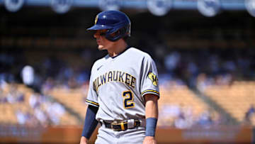 LOS ANGELES, CALIFORNIA - OCTOBER 03: Luis Urias #2 of the Milwaukee Brewers on the field during a game against the Los Angeles Dodgers at Dodger Stadium on October 03, 2021 in Los Angeles, California. (Photo by Jonathan Moore/Getty Images)