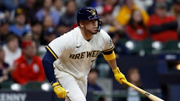 MILWAUKEE, WISCONSIN - APRIL 16: Victor Caratini #7 of the Milwaukee Brewers up to bat against the St. Louis Cardinals at American Family Field on April 16, 2022 in Milwaukee, Wisconsin. (Photo by John Fisher/Getty Images)
