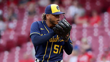CINCINNATI, OHIO - MAY 10: Freddy Peralta #51 of the Milwaukee Brewers pitches in the third inning against the Cincinnati Reds at Great American Ball Park on May 10, 2022 in Cincinnati, Ohio. (Photo by Dylan Buell/Getty Images)