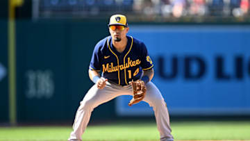 WASHINGTON, DC - JUNE 12: Jace Peterson #14 of the Milwaukee Brewers plays third base against the Washington Nationals at Nationals Park on June 12, 2022 in Washington, DC. (Photo by G Fiume/Getty Images)