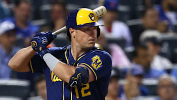 NEW YORK, NY - JUNE 14: Hunter Renfroe #12 of the Milwaukee Brewers in action during a game against the New York Mets at Citi Field on June 14, 2022 in New York City. The Mets defeated the Brewers 4-0. (Photo by Rich Schultz/Getty Images)