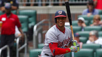 ATLANTA, GA - JULY 10: Juan Soto #22 of the Washington Nationals bats against the Atlanta Braves in the first inning at Truist Park on July 10, 2022 in Atlanta, Georgia. (Photo by Brett Davis/Getty Images)