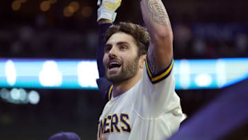MILWAUKEE, WISCONSIN - AUGUST 29: Garrett Mitchell #5 of the Milwaukee Brewers celebrates a two run home run against the Pittsburgh Pirates during the eighth inning at American Family Field on August 29, 2022 in Milwaukee, Wisconsin. (Photo by Stacy Revere/Getty Images)