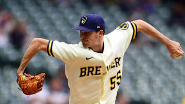 MILWAUKEE, WISCONSIN - OCTOBER 05: Hoby Milner #55 of the Milwaukee Brewers throws a pitch during the seventh inning against the Arizona Diamondbacks at American Family Field on October 05, 2022 in Milwaukee, Wisconsin. (Photo by Kayla Wolf/Getty Images)