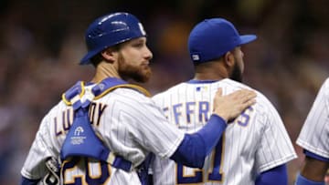 MILWAUKEE, WI - JULY 29: Jonathan Lucroy #20 of the Milwaukee Brewers and Jeremy Jeffress #21 of the Milwaukee Brewers after there game against the Pittsburgh Pirates at Miller Park on July 29, 2016 in Milwaukee, Wisconsin. The Brewers defeated the Pirates 3-1. (Photo by John Konstantaras/Getty Images)