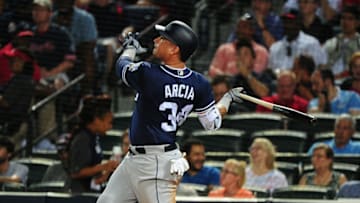 ATLANTA, GA - AUGUST 30: Oswaldo Arcia #34 of the San Diego Padres hits a fourth inning two-run home run against the Atlanta Braves at Turner Field on August 30, 2016 in Atlanta, Georgia. (Photo by Scott Cunningham/Getty Images)