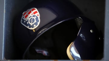 MILWAUKEE, WI - JULY 03: A detail view of the Independence Day Milwaukee Brewers batting helmet logo before the game against the Baltimore Orioles at Miller Park on July 03, 2017 in Milwaukee, Wisconsin. (Photo by Dylan Buell/Getty Images) *** Local Caption ***