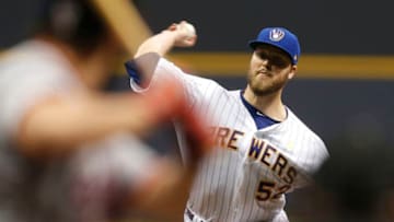MILWAUKEE, WI - SEPTEMBER 01: Jimmy Nelson #52 of the Milwaukee Brewers pitches during the fourth inning against the Washington Nationals at Miller Park on September 01, 2017 in Milwaukee, WI. (Photo by Mike McGinnis/Getty Images)
