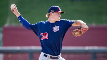MINNEAPOLIS, MN- AUGUST 23: Cole Wilcox #30 of the USA Baseball 18U National Team during the national team trials on August 23, 2017 at Siebert Field in Minneapolis, Minnesota. (Photo by Brace Hemmelgarn/Getty Images)