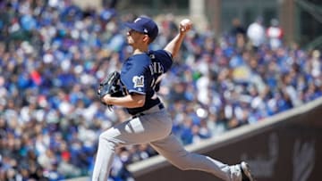 CHICAGO, IL - APRIL 29: Zach Davies #27 of the Milwaukee Brewers pitches in the second inning of a game against the Chicago Cubs at Wrigley Field on April 29, 2018 in Chicago, Illinois. (Photo by Joe Robbins/Getty Images)