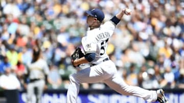 MILWAUKEE, WI - MAY 06: Chase Anderson #57 of the Milwaukee Brewers throws a pitch during the first inning of a game against the Pittsburgh Pirates at Miller Park on May 6, 2018 in Milwaukee, Wisconsin. (Photo by Stacy Revere/Getty Images)
