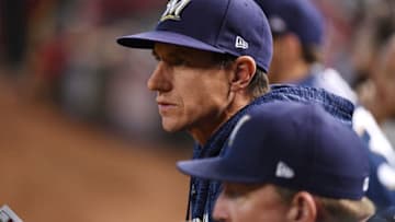 PHOENIX, AZ - MAY 16: Manager Craig Counsell #30 of the Milwaukee Brewers looks on from the bench during the fifth inning of a game against the Arizona Diamondbacks at Chase Field on May 16, 2018 in Phoenix, Arizona. (Photo by Norm Hall/Getty Images)