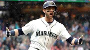 SEATTLE, WA - JUNE 13: Mitch Haniger #17 of the Seattle Mariners celebrates after hitting the game winning two run home run in the ninth inning against the Los Angeles Angels during their game at Safeco Field on June 13, 2018 in Seattle, Washington. (Photo by Abbie Parr/Getty Images)