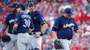CINCINNATI, OH - JUNE 30: Mike Zagurski #48 of the Milwaukee Brewers reacts after being removed from the game in the seventh inning against the Cincinnati Reds at Great American Ball Park on June 30, 2018 in Cincinnati, Ohio. The Reds won 12-3. (Photo by Joe Robbins/Getty Images)