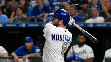KANSAS CITY, MO - JULY 6: Mike Moustakas #8 of the Kansas City Royals hits a two-run home run in the eighth inning against the Boston Red Sox at Kauffman Stadium on July 6, 2018 in Kansas City, Missouri. (Photo by Ed Zurga/Getty Images)
