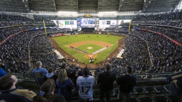 MILWAUKEE, WI - APRIL 01: An overall general view of Miller Park during the National Anthem before the start of the Colorado Rockies and Milwaukee Brewers game on Opening Day at Miller Park on April 1, 2013 in Milwaukee, Wisconsin. The Brewers defeated the Rockies 5-4. (Photo by Tom Lynn/Getty Images)